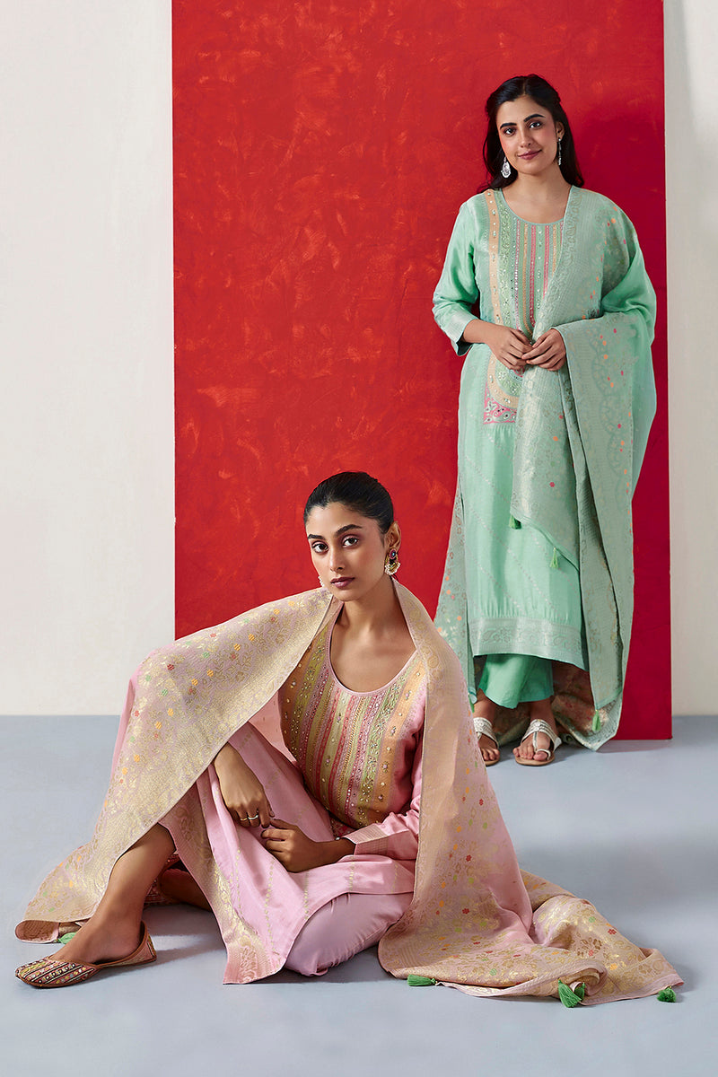 Pink Dola Jacquard Straight Fit Suit Set (With Pants and Dupatta)