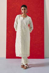 Off White Chanderi Suit Set (with Pants and Dupatta)