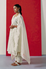 Off White Chanderi Suit Set (with Pants and Dupatta)