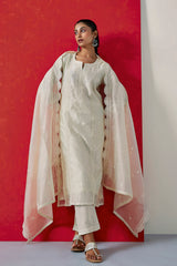 Off White Chanderi Suit Set (with Pants and Dupatta)