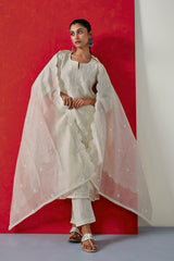 Off White Chanderi Suit Set (with Pants and Dupatta)