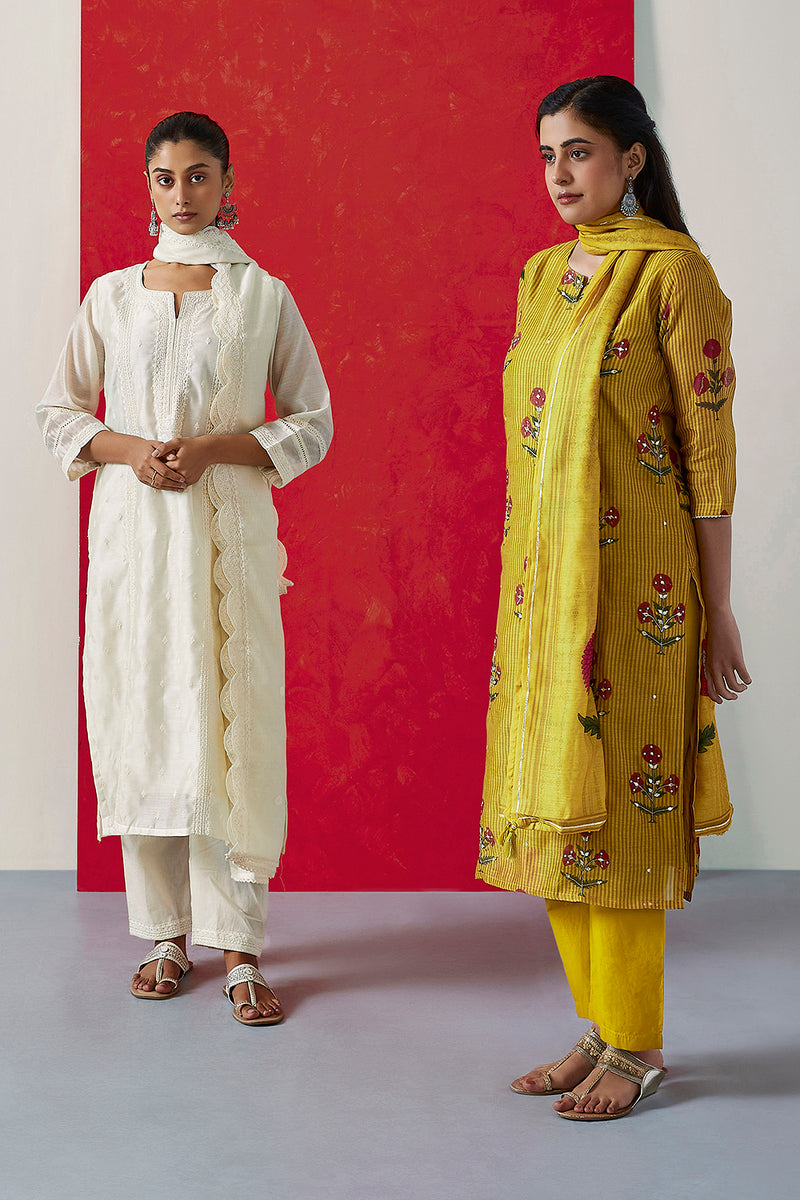 Off White Chanderi Suit Set (with Pants and Dupatta)