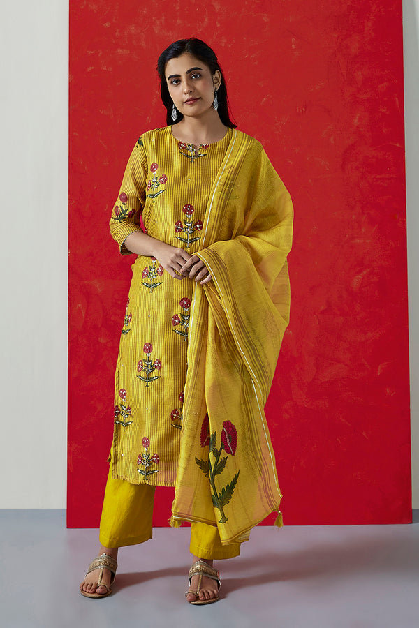 Mustard Chanderi Suit Set (with Pants and Dupatta)