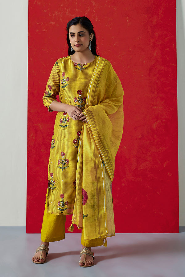 Mustard Chanderi Suit Set (with Pants and Dupatta)