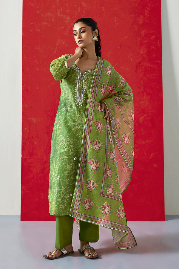 Green Chanderi Suit Set (With Pants and Dupatta)