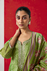 Green Chanderi Suit Set (With Pants and Dupatta)