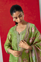 Green Chanderi Suit Set (With Pants and Dupatta)