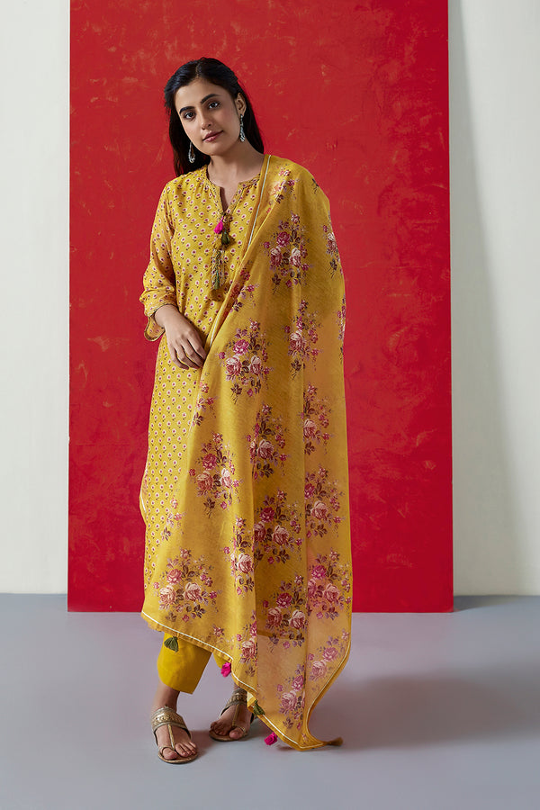 Yellow Chanderi Suit Set (with Pants and Dupatta)