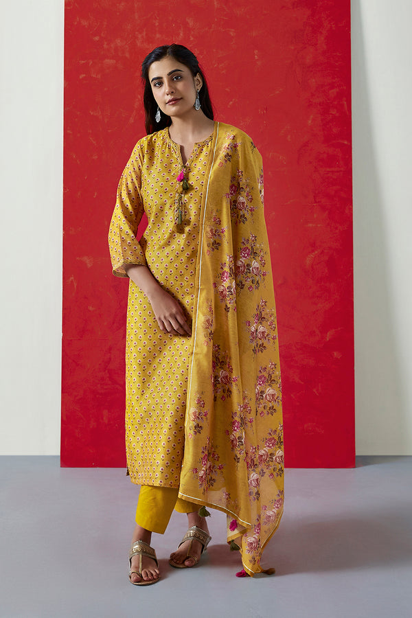 Yellow Chanderi Suit Set (with Pants and Dupatta)