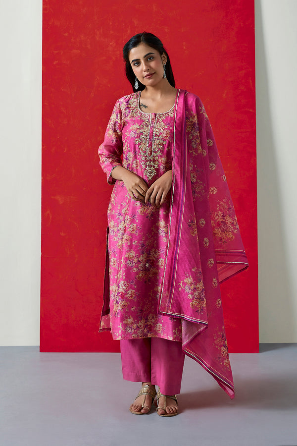 Pink Chanderi Suit Set (With Pants & Dupatta)