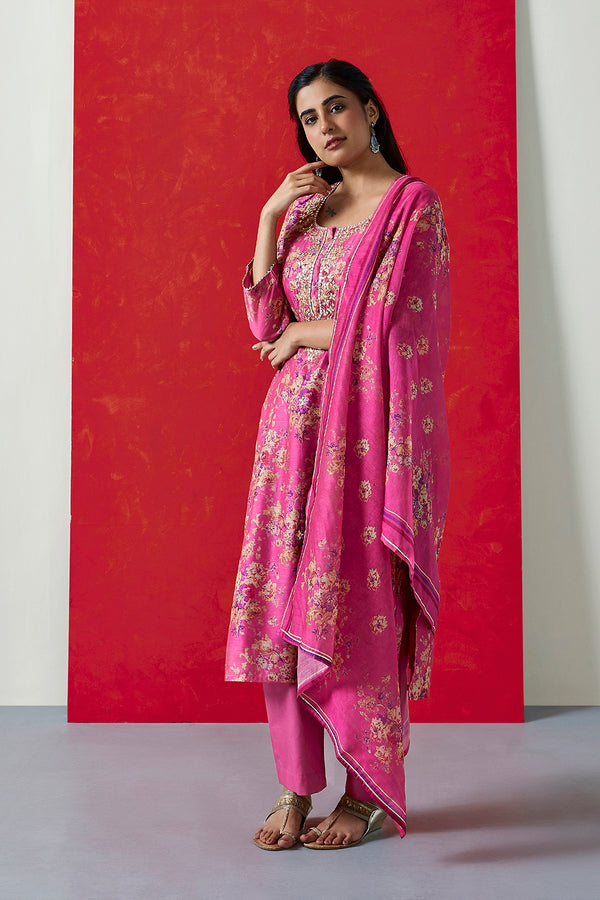 Pink Chanderi Suit Set (With Pants & Dupatta)