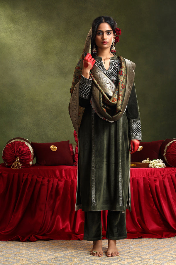 Olive Velvet Suit Set (with Pants and Dupatta)