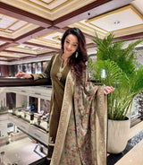 Olive Velvet Suit Set (with Pants and Dupatta)