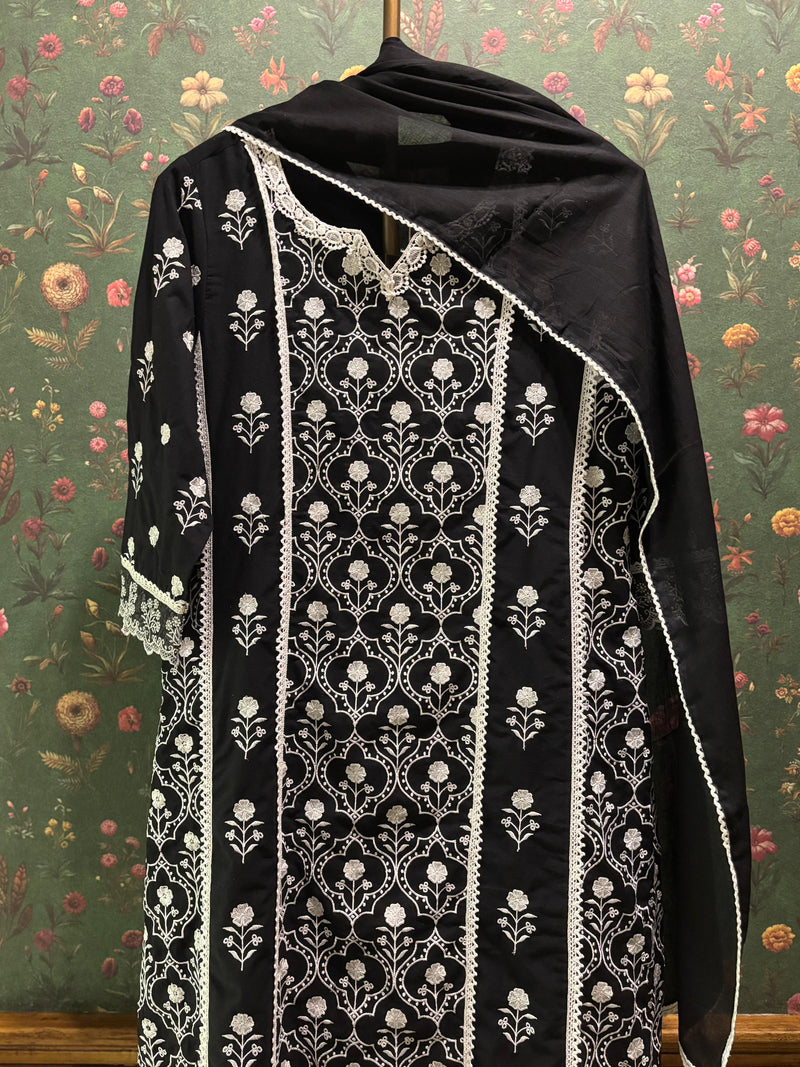 Black Straight Fit Cotton Suit Set (With Pants and Dupatta)