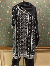 Black Straight Fit Cotton Suit Set (With Pants and Dupatta)