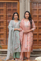 Peach Straight Fit Chanderi Suit Set (With Pants and Dupatta)