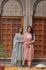 Peach Straight Fit Chanderi Suit Set (With Pants and Dupatta)