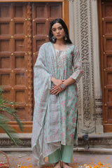 Green Straight Fit Chanderi Suit Set (With Pants and Dupatta)