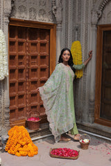 Green Straight Fit Chanderi Suit Set (With Pants and Dupatta)