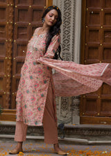 Peach Straight Fit Chanderi Suit Set (With Pants and Dupatta)