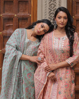 Peach Straight Fit Chanderi Suit Set (With Pants and Dupatta)