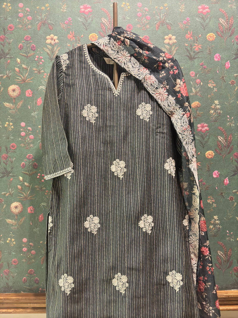 Floral Bottle Green Chanderi Kurta set (With Pant & Dupatta)