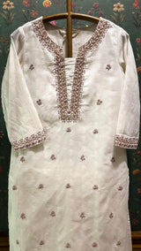 Cream Cotton Straight Fit Suit Set (with Pants and Dupatta)