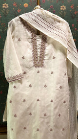 Cream Cotton Straight Fit Suit Set (with Pants and Dupatta)