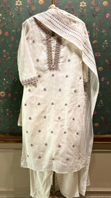 Cream Cotton Straight Fit Suit Set (with Pants and Dupatta)