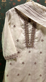 Cream Cotton Straight Fit Suit Set (with Pants and Dupatta)