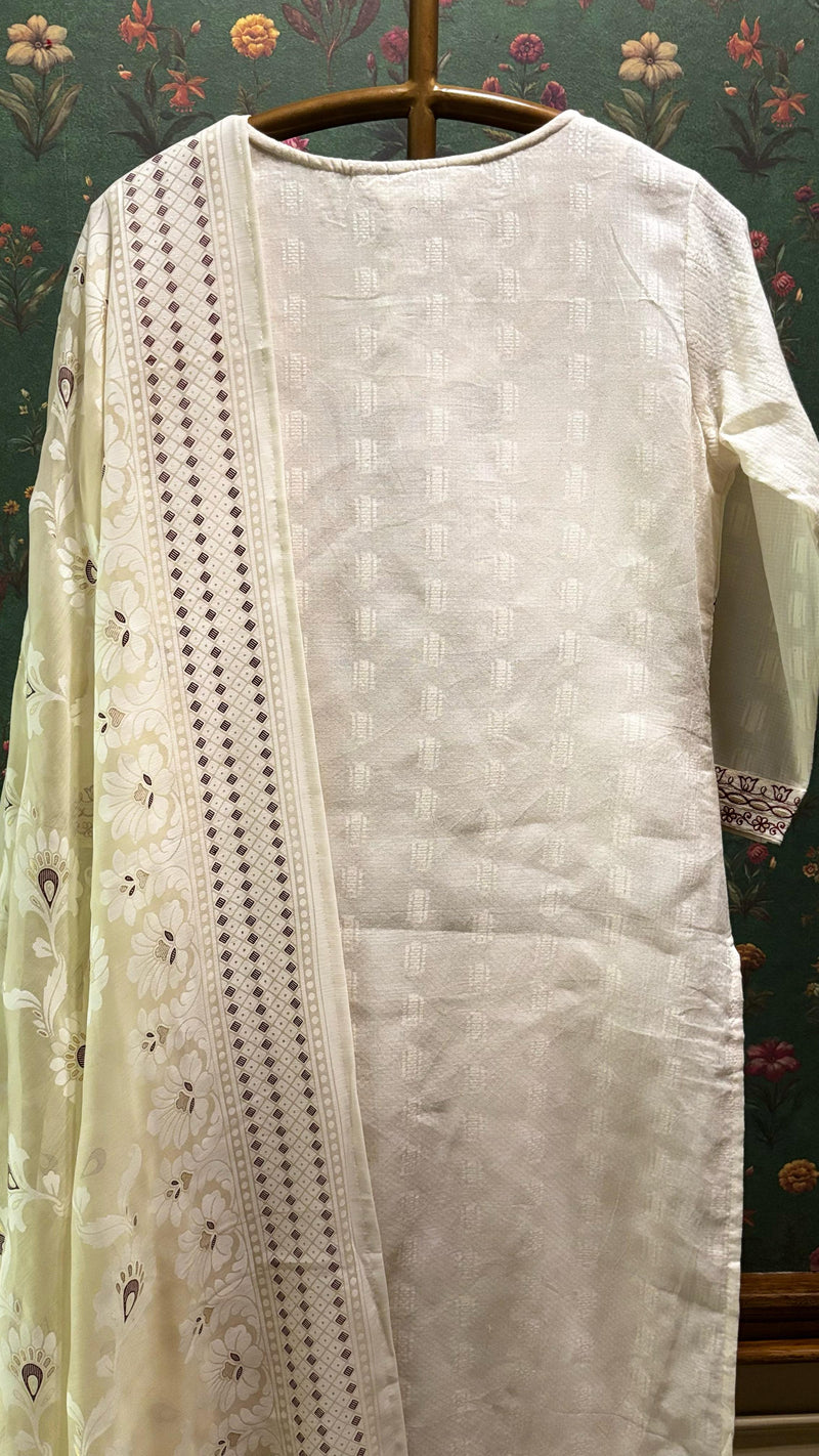 Cream Cotton Straight Fit Suit Set (with Pants and Dupatta)