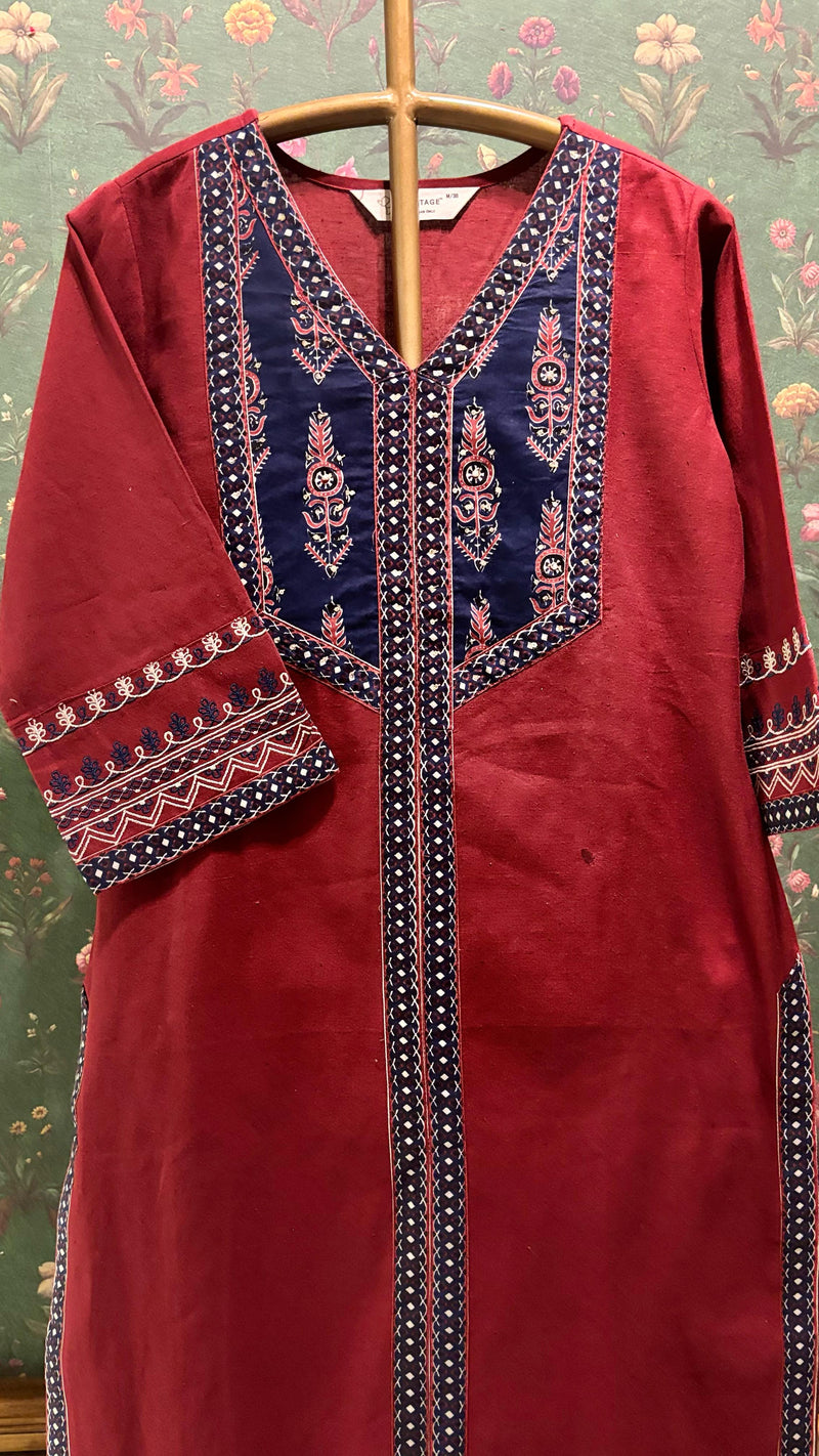 Maroon Straight Fit Cotton Kurta Set