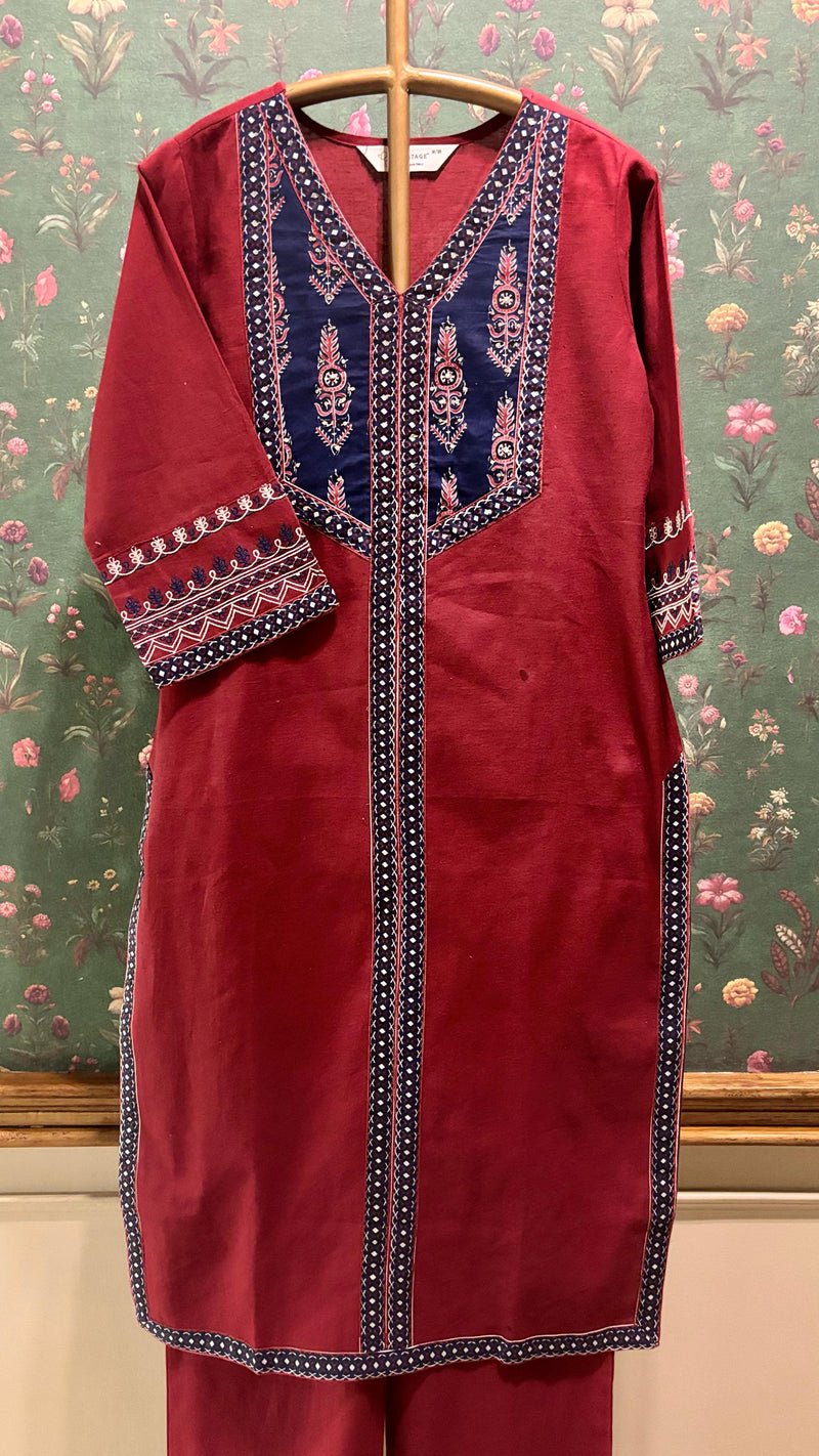 Maroon Straight Fit Cotton Kurta Set