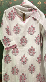 White & Pink Straight Fit Cotton Suit Set (With Pants and Dupatta)