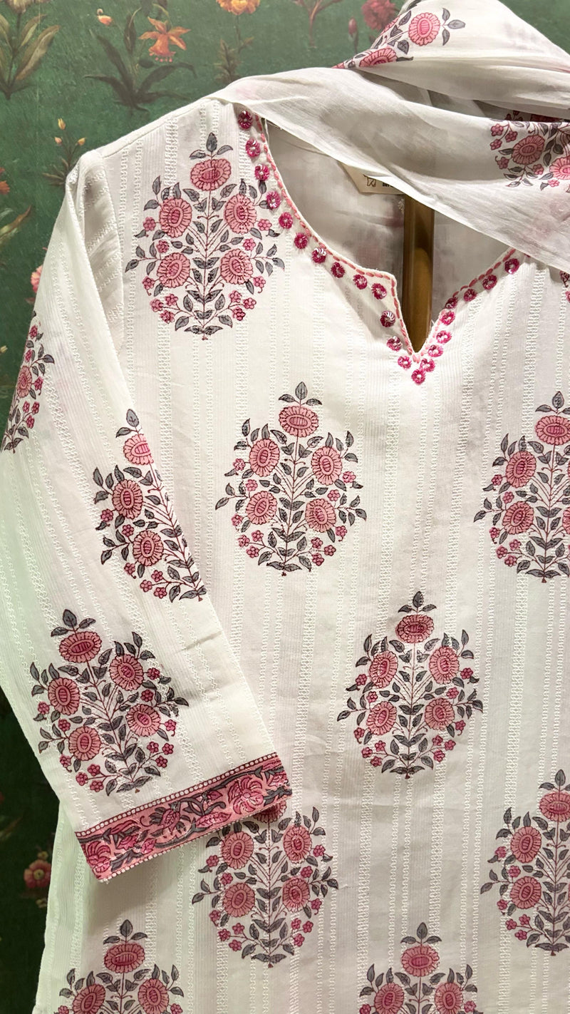 White & Pink Straight Fit Cotton Suit Set (With Pants and Dupatta)