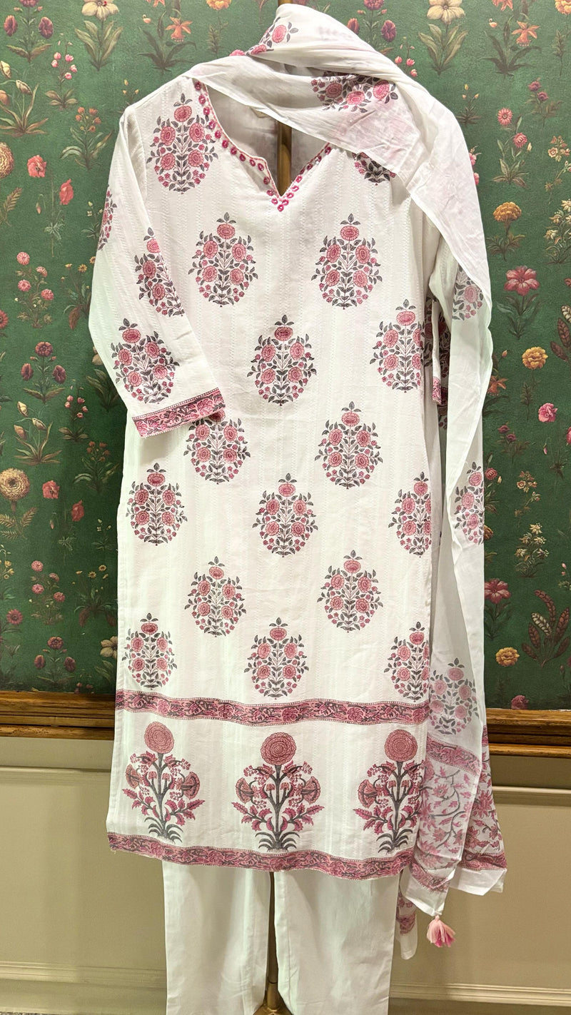 White & Pink Straight Fit Cotton Suit Set (With Pants and Dupatta)