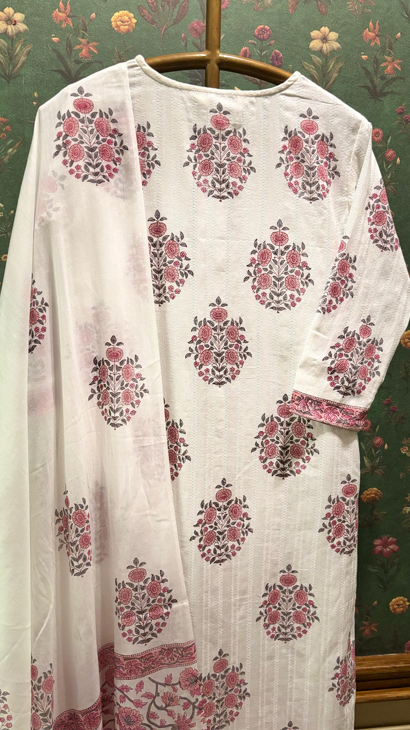 White & Pink Straight Fit Cotton Suit Set (With Pants and Dupatta)