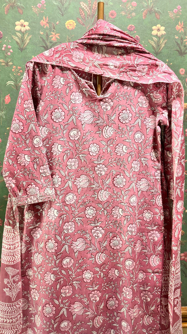 Pink Straight Fit Cotton Suit Set (With Pants and Dupatta