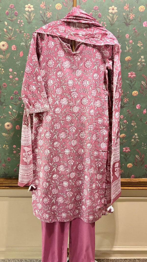 Pink Straight Fit Cotton Suit Set (With Pants and Dupatta