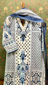 Blue Straight Fit Cotton Suit Set (With Pants and Dupatta