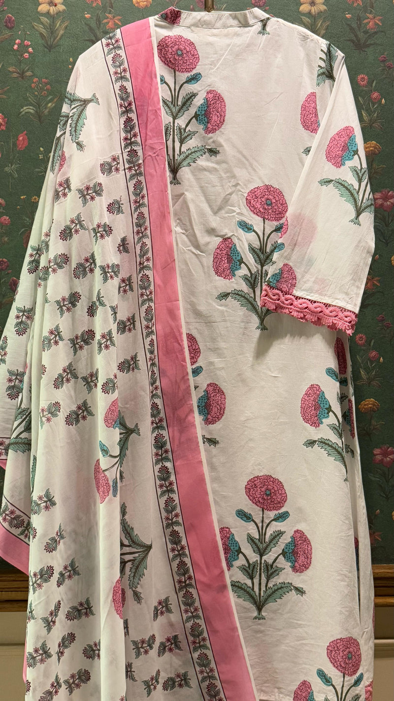 White & Pink Straight fit Cotton Suit Set