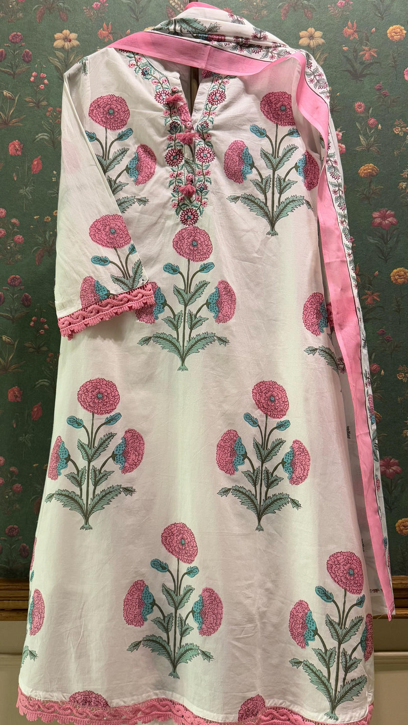 White & Pink Straight fit Cotton Suit Set