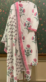 White & Pink Straight fit Cotton Suit Set