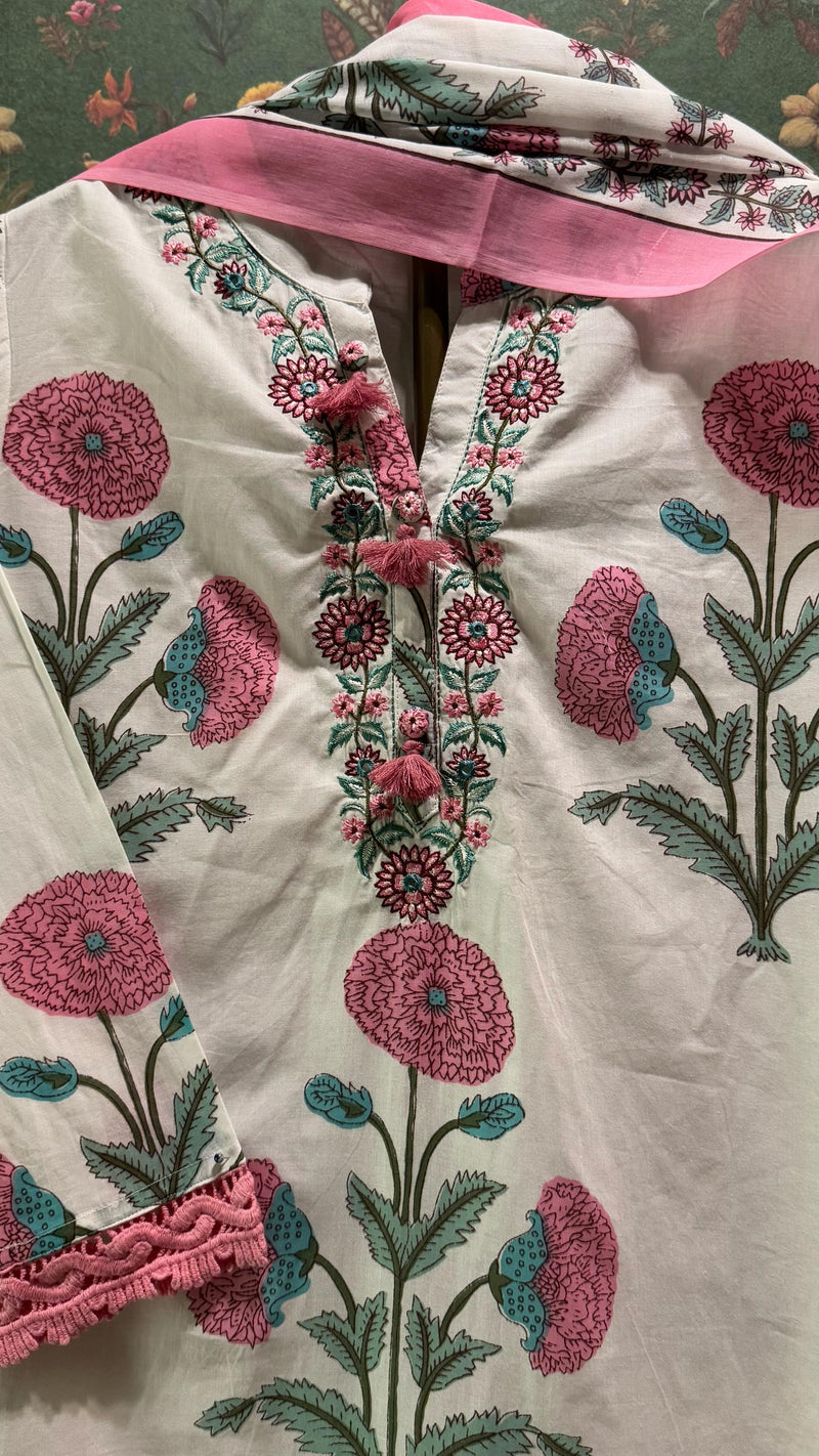 White & Pink Straight fit Cotton Suit Set