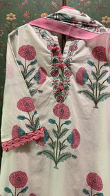 White & Pink Straight fit Cotton Suit Set