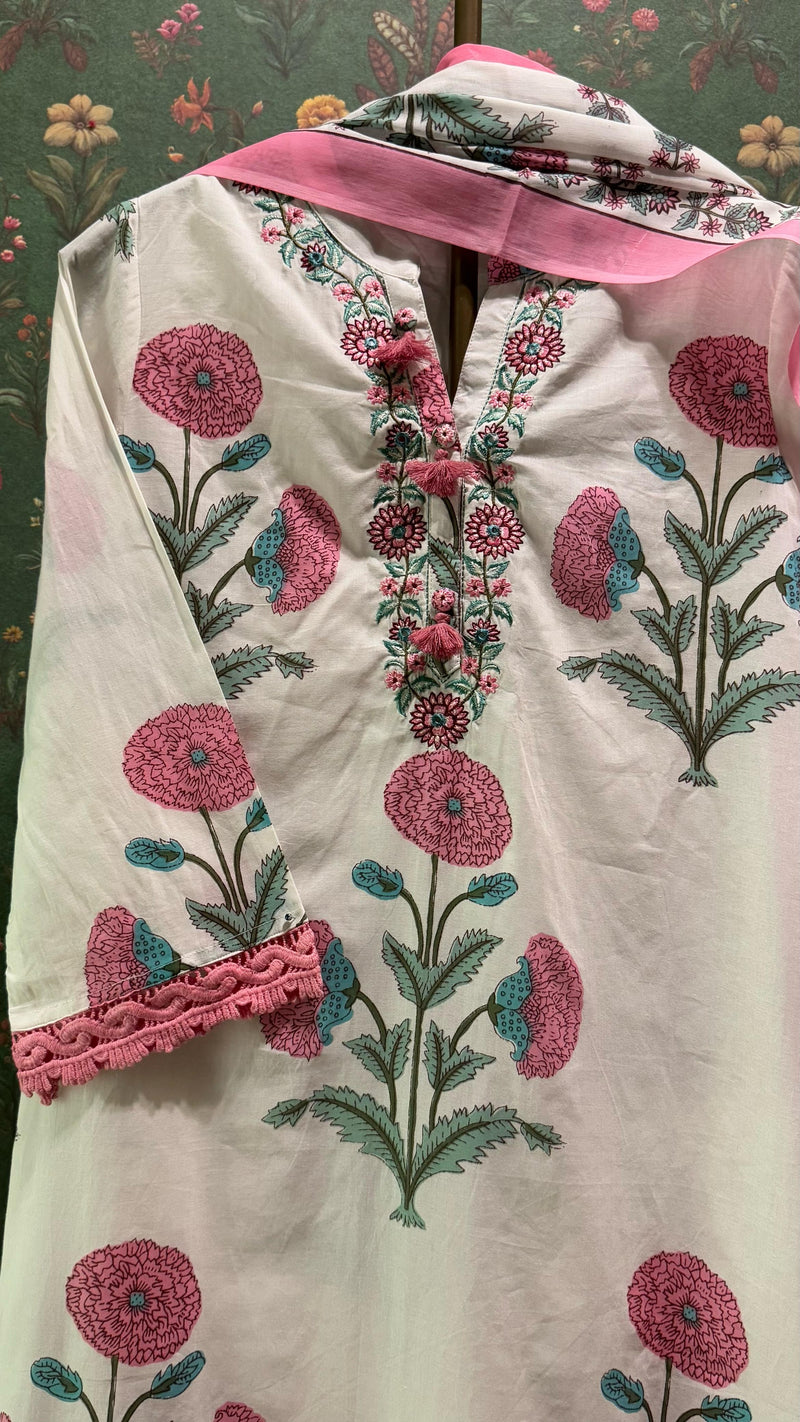 White & Pink Straight fit Cotton Suit Set