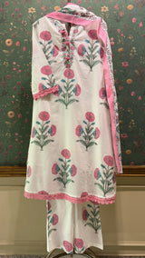 White & Pink Straight fit Cotton Suit Set