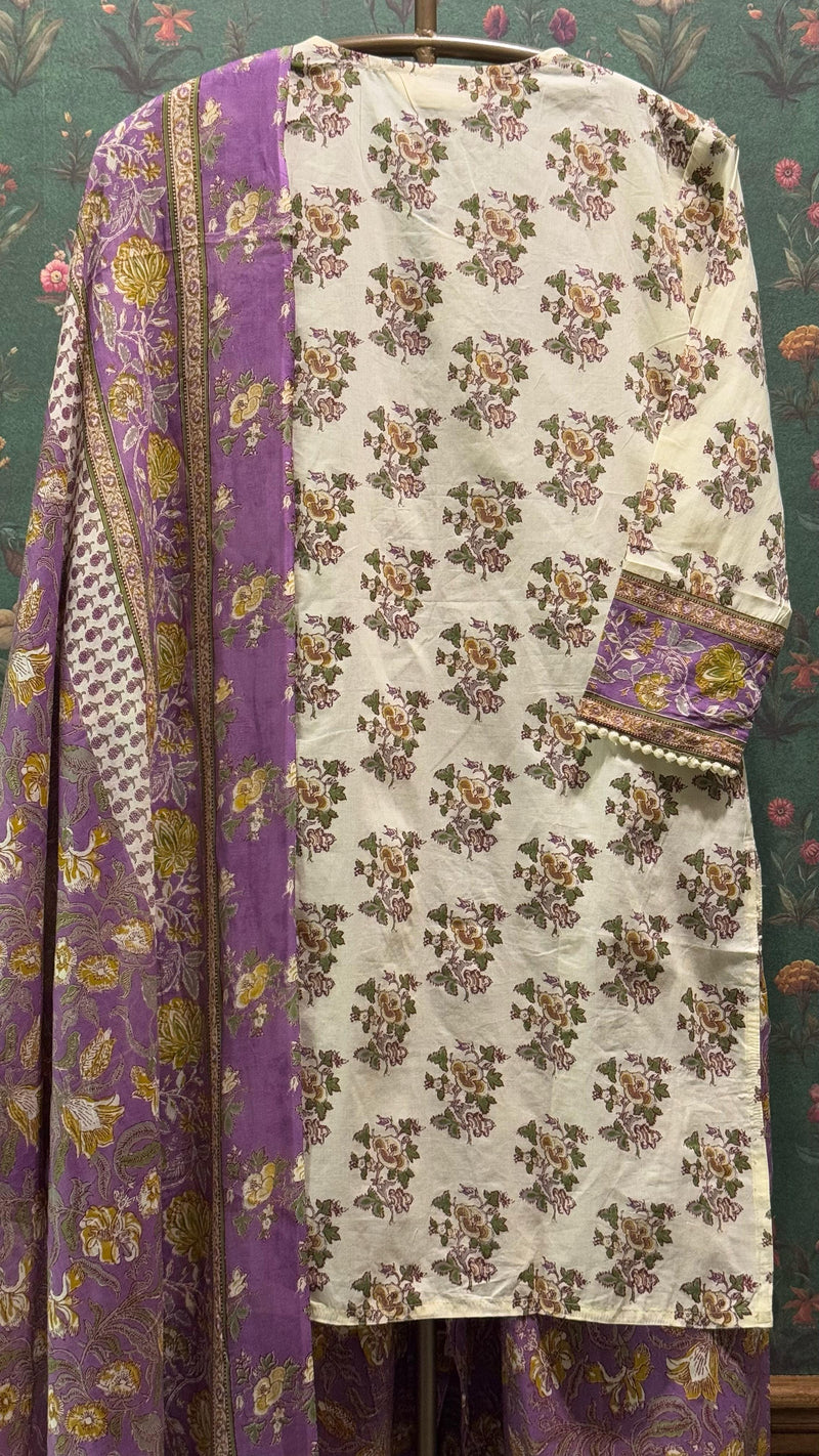 Cream Straight fit Cotton Suit Set