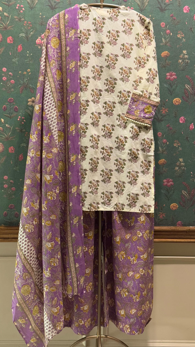 Cream Straight fit Cotton Suit Set