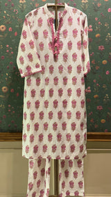 Cream & Pink Straight fit Cotton Kurta set